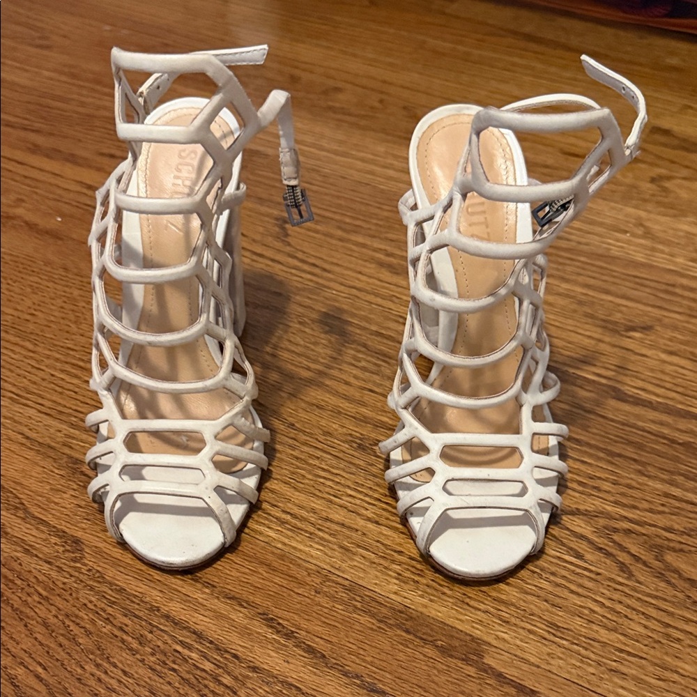 SCHUTZ White Strappy Cage High Heel Sandals
